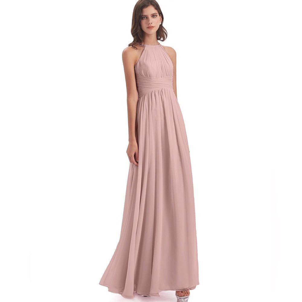JJ's House Halter Pleated Bridesmaid Maxi Chiffon Gown Dusty Rose Open Back Sz.8